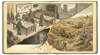 Ilustración de un cuaderno que divide diagonalmente un centro de mando militar con soldados y mapas, y una operación de minería ilegal con retroexcavadoras y mineros.