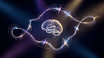 Visualización 3D de un cerebro translúcido y brillante en el centro, rodeado por una banda de luz distorsionada con picos de actividad, sobre un fondo oscuro.