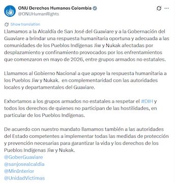 Llamado de la ONU a las autoridades por crisis humanitaria en San José del Guaviare - crédito @ONUHumanRights/X