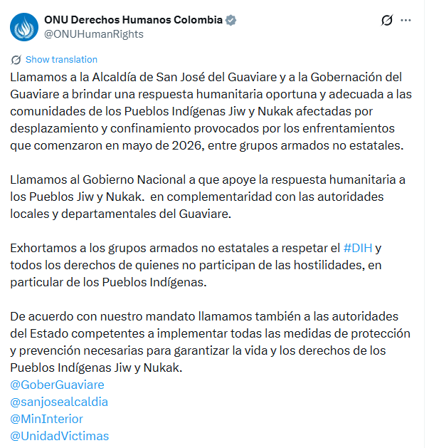 Llamado de la ONU a las autoridades por crisis humanitaria en San José del Guaviare - crédito @ONUHumanRights/X