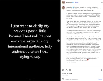 Captura de pantalla de una publicación de Instagram con un texto blanco sobre fondo negro y un mensaje extenso en la descripción lateral