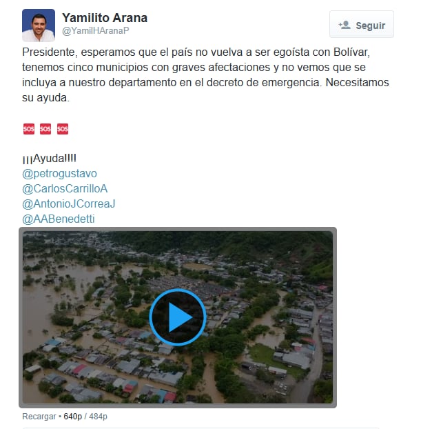 El gobernador de Bolívar, Yamil Arana, pidió al presidente Gustavo Petro incluir al departamento en una nueva declaratoria de emergencia económica ante las graves afectaciones por las inundaciones - crédito red social X