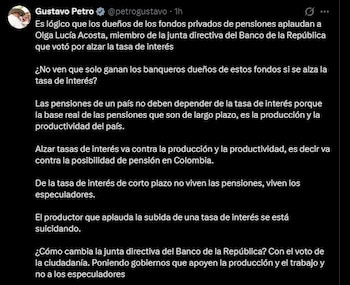 El presidente Gustavo Petro cuestionó el alza de tasas de interés y aseguró que la medida beneficia a banqueros y especuladores, en medio de la polémica con Olga Lucía Acosta - crédito Gustavo Petro/X