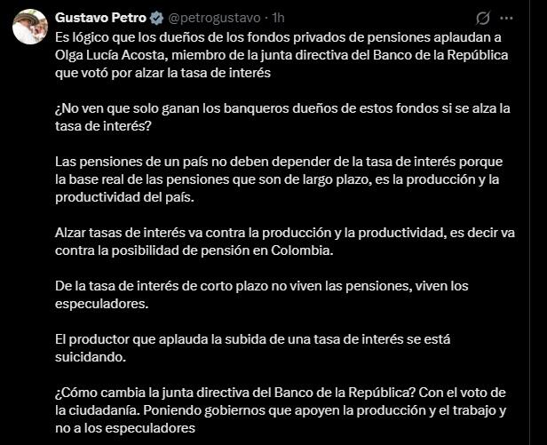 El presidente Gustavo Petro cuestionó el alza de tasas de interés y aseguró que la medida beneficia a banqueros y especuladores, en medio de la polémica con Olga Lucía Acosta - crédito Gustavo Petro/X