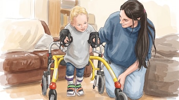 Ilustración de un niño pequeño rubio utilizando un andador amarillo asistido por una mujer de cabello oscuro arrodillada a su lado, en un ambiente doméstico.