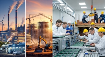 Collage de una central eléctrica, un sitio de construcción con grúas y edificios, y trabajadores ensamblando componentes electrónicos y levantando ladrillos.