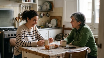 Dos mujeres sentadas junto a una mesa de madera con tazas y galletas en la cocina de una vivienda.
