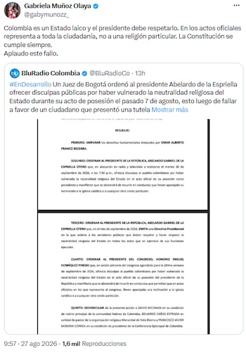 Gabriela Muñoz celebra fallo que reafirma el carácter laico del Estado colombiano - crédito @gabymunozz_/X