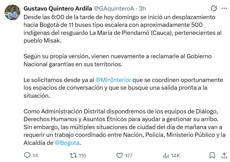 Gustavo Quintero pidió al Gobierno coordinar espacios de diálogo. - crédito @GAquinteroA/X