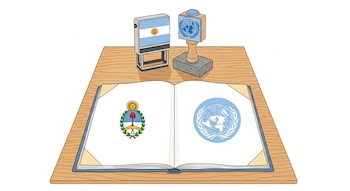 Expediente judicial abierto en mesa de madera con escudo argentino, logo de la ONU y dos sellos de goma con la bandera de Argentina y el símbolo de la ONU.