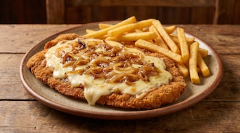 Plato de milanesa a la fugazzetta con una capa de queso derretido y cebolla caramelizada, acompañada de papas fritas crujientes, sobre una mesa de madera.