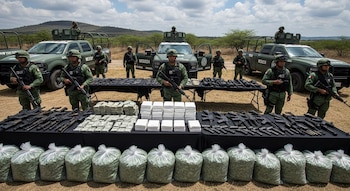 Soldados del Ejército Mexicano, tres camionetas militares, tres mesas con fusiles, pistolas, balas, dinero en efectivo, paquetes de cocaína y bolsas de marihuana.