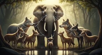 Un elefante grande con colmillos está parado en el centro, rodeado por dos lobos y seis zorros en un bosque brumoso. Líneas luminosas conectan al elefante con los otros animales.
