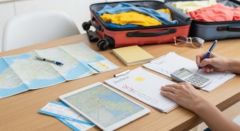 Manos de una persona escriben en un portapapeles con una calculadora, rodeadas de mapas, una tablet, boletos de avión y maletas abiertas con ropa sobre una mesa de madera.