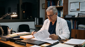 Un hombre con bata médica y gafas lee un documento en un escritorio junto a una lámpara, un estetoscopio y estanterías con libros.