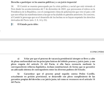 Fragmento de un informe oficial con texto en español sobre la crisis política en Perú, derecho a juicio imparcial y mención a Pedro Castillo