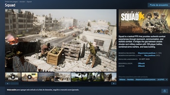 Ficha del videojuego Squad en Steam con una captura de pantalla de un combate urbano e información de su lanzamiento