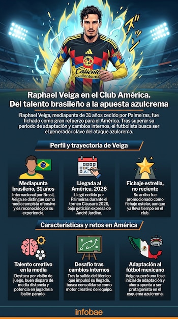 Infografía con ilustración de Raphael Veiga con camiseta de Club América en un estadio, detalles de su perfil, trayectoria, características y desafíos, y logo Infobae.