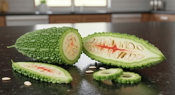 Un melón amargo verde entero, otro cortado por la mitad longitudinalmente y rodajas finas, con semillas dispersas, sobre una encimera de cocina oscura.