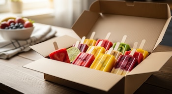 Caja de cartón abierta con paletas heladas de frutas rojas, amarillas y verdes sobre una mesa de madera, con un cuenco de frutas frescas desenfocado al fondo.