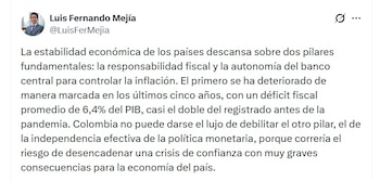 Luis Fernando Mejía, exdirector ejecutivo de Fedesarrollo, dijo que la responsabilidad fiscal es clave para la estabilida de un país - crédito @LuisFerMejia/X