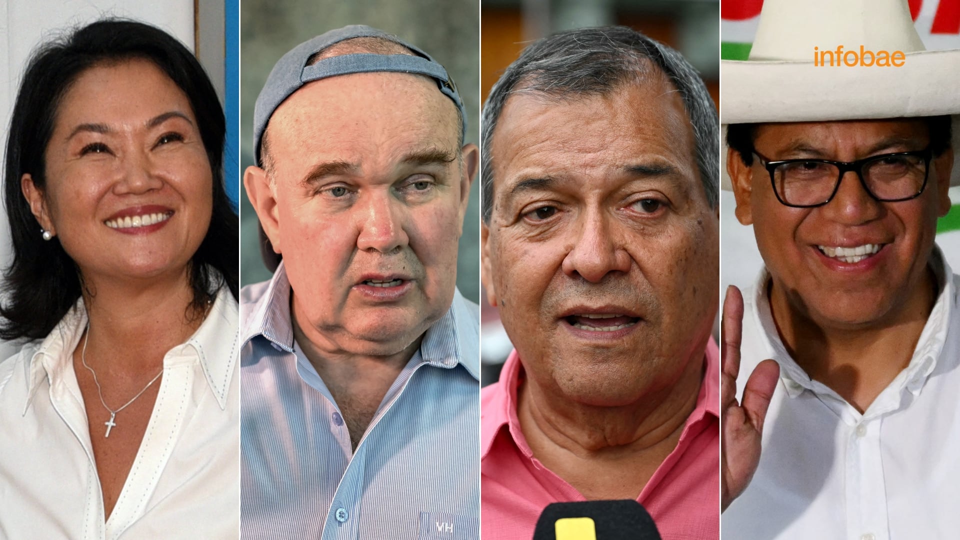 De izquierda a derecha, las figuras políticas Keiko Fujimori, Rafael López Aliaga, Jorge Nieto y Roberto Sánchez, clave en las Elecciones Perú. (AFP)