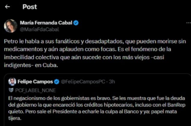 La senadora María Fernanda Cabal profundizó su crítica al presidente Gustavo Petro tras una discusión pública sobre el origen de los intereses hipotecarios elevados en Colombia - crédito @MariaFdaCabal/X