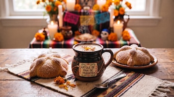 Una taza de barro con la frase «Atole de pan de muerto», dos panes espolvoreados con azúcar, una cuchara y un altar con velas al fondo.