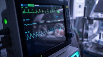 Pantalla de monitor médico con lecturas digitales verdes y azules de frecuencia cardíaca y saturación sobre una superficie oscura.