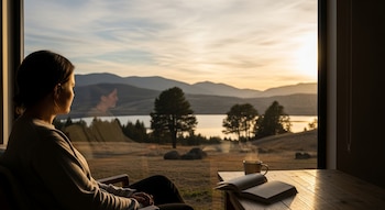 Mujer sentada frente a una ventana, mira un lago, montañas y árboles al atardecer. En la mesa, un libro abierto y una taza humeante.