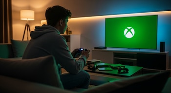Vista trasera de un joven sentado en un sofá oscuro jugando videojuegos. Sostiene un mando y frente a él se ve un televisor con el logo de Xbox en pantalla verde.