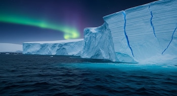 Una vista panorámica del océano oscuro y agitado frente a enormes acantilados de hielo en la Antártida, bajo un cielo nocturno con una aurora boreal verde y púrpura.