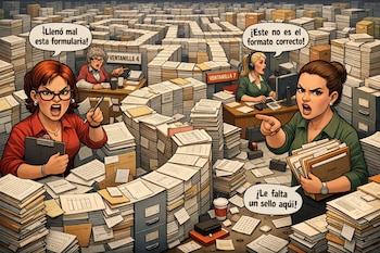 Una ilustración muestra un laberinto de pilas de documentos y archivadores. Cuatro secretarias, con expresiones de enojo, interactúan con el papeleo.