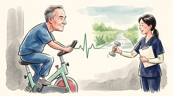Ilustración de un hombre en bicicleta fija junto a una profesional de salud que sostiene una planilla y le acerca una mancuerna.