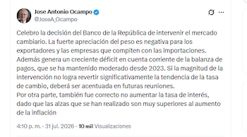 El exministro José Antonio Ocampo celebró la decisión del Banco de la República de no aumentar la tasa de interés - crédito @JoseA_Ocampo/X