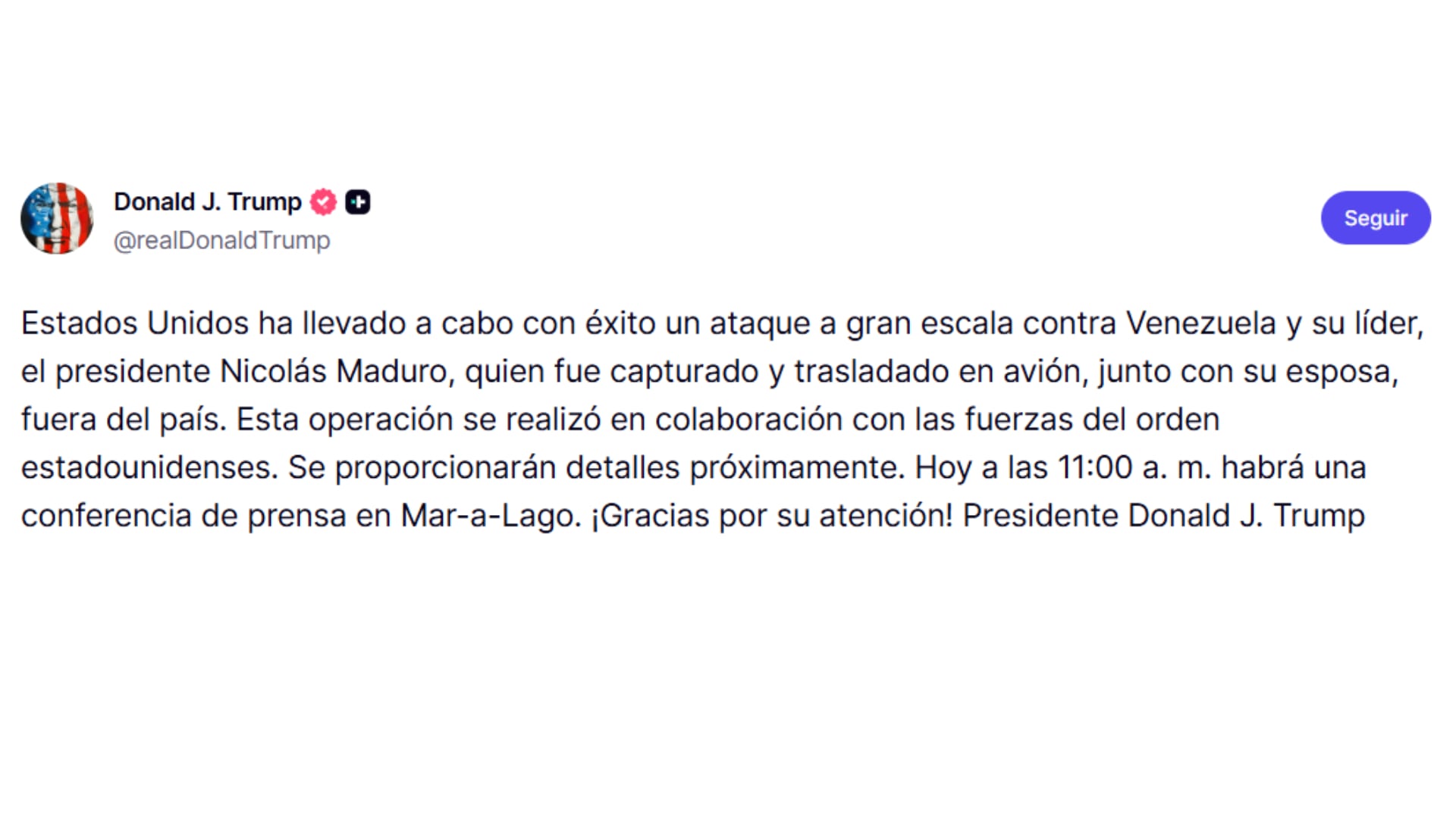 El comunicado de Donald Trump sobre la captura de Nicolás Maduro (Truth Social)