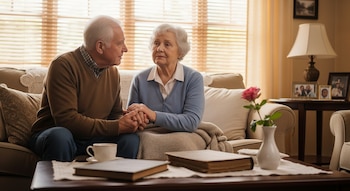 Una pareja de ancianos, él de 72 años y ella de 71, sentados en un sofá en su sala, tomados de las manos. Él la mira mientras ella observa al frente. Hay una taza de café y libros en la mesa de centro.