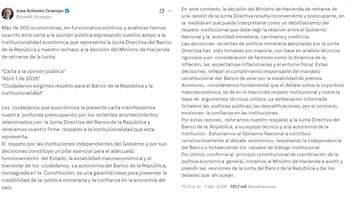 José Antonio Ocampo y más de 300 economistas firmaron una carta defendiendo la autonomía del Banco de la República y rechazando la salida de German Ávila - crédito @@JoseA_Ocampo/X