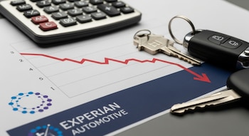 Gráfico rojo descendente en hoja con calculadora, llave de casa, llave de auto y logo parcial de Experian Automotive. Simboliza alerta económica.