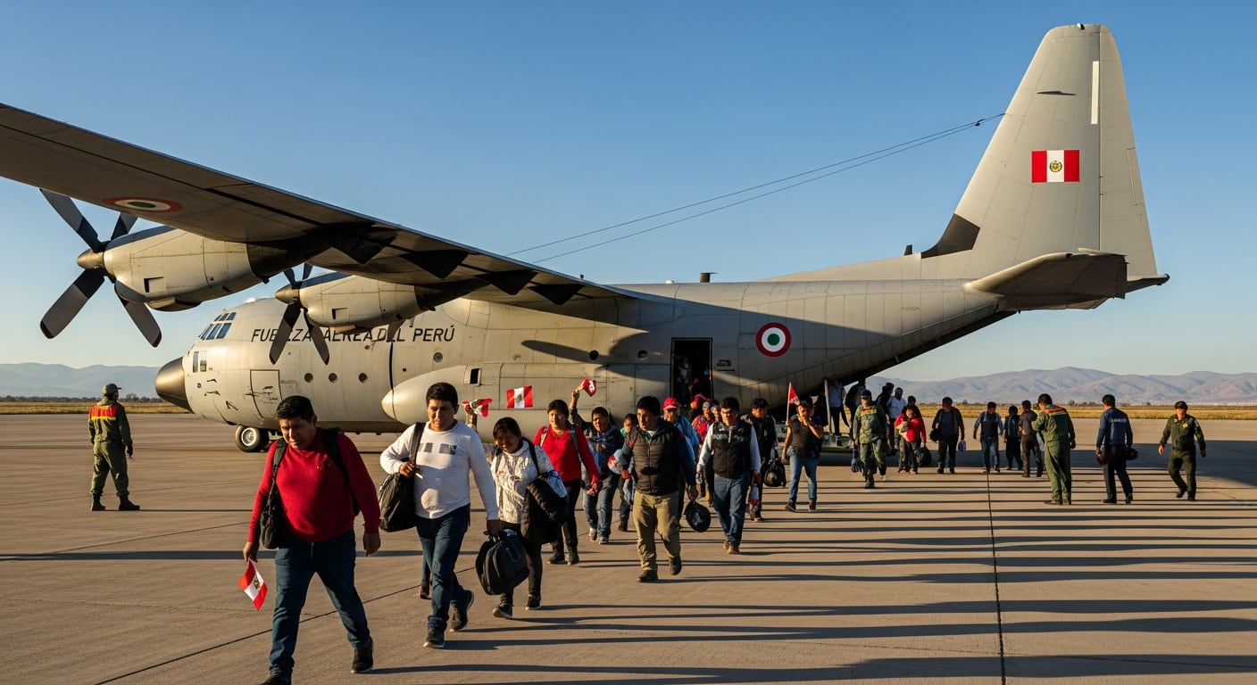 Ciudadanos peruanos descienden de un avión de la Fuerza Aérea del Perú en una pista, tras un vuelo humanitario desde Bolivia. (Imagen Ilustrativa Infobae)
