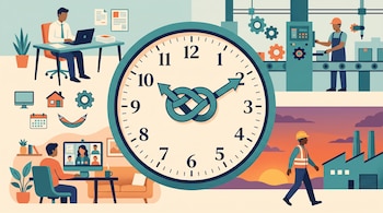 Un reloj con manecillas anudadas en el centro rodeado por personas trabajando en oficina, fábrica y casa, junto a íconos conceptuales.
