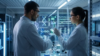 Un hombre y una mujer con batas de laboratorio y gafas observan una pantalla transparente iluminada con gráficos de ADN.