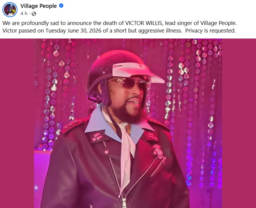 La muerte de Victor Willis fue confirmada por Village People y por su esposa, Karen Willis, en mensajes publicados en Facebook (Village People)