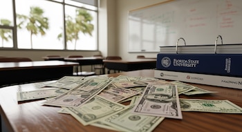 Billetes de dólares estadounidenses sobre un escritorio de madera en un aula. Hay carpetas al lado y ventanas con palmeras en el fondo de un colegio.