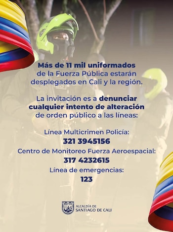 Como parte del dispositivo nacional, el Gobierno informó que más de 11.000 integrantes de la Fuerza Pública participarán en los operativos de seguridad - crédito Alcaldía de Cali