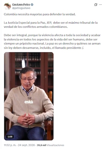 El expresidente de la República insistió en que el futuro de Colombia depende del esclarecimiento de los hechos del conflicto armado - crédito @petrogustavo/X