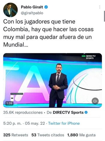 Pablo Giralt no puede creer que Colombia no vaya el Mundial