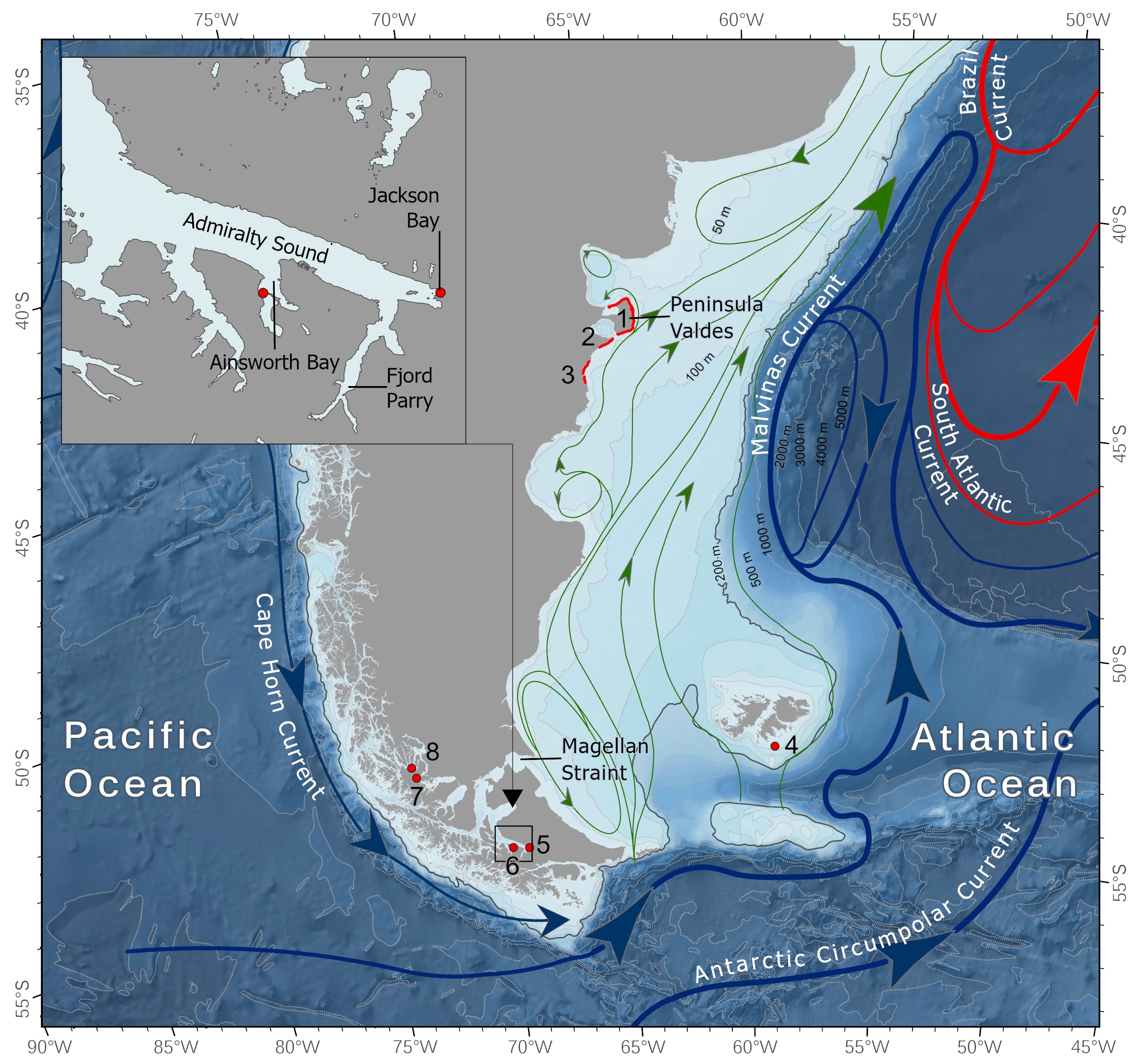 Los canales y fiordos interiores de la Patagonia chilena concentraron el 61% de las ubicaciones registradas.