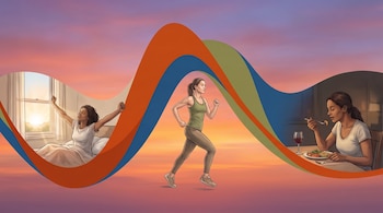 Mujer despertando en cama, mujer corriendo, mujer comiendo en mesa. Formas onduladas de colores sobre cielo anaranjado y morado.