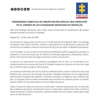 Alias Chipi fue condenado por el homicidio de un extranjero en 2024 - crédito Fiscalía General de la Nación